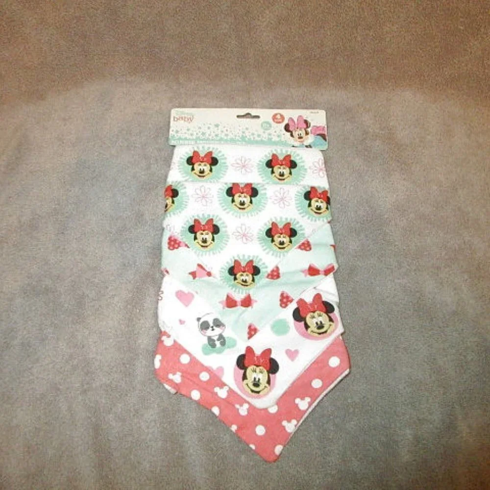 Disney Minnie Mouse Baby Girl Bibs Set Of 4 Bandana Soft Cotton Shower Gift NWT